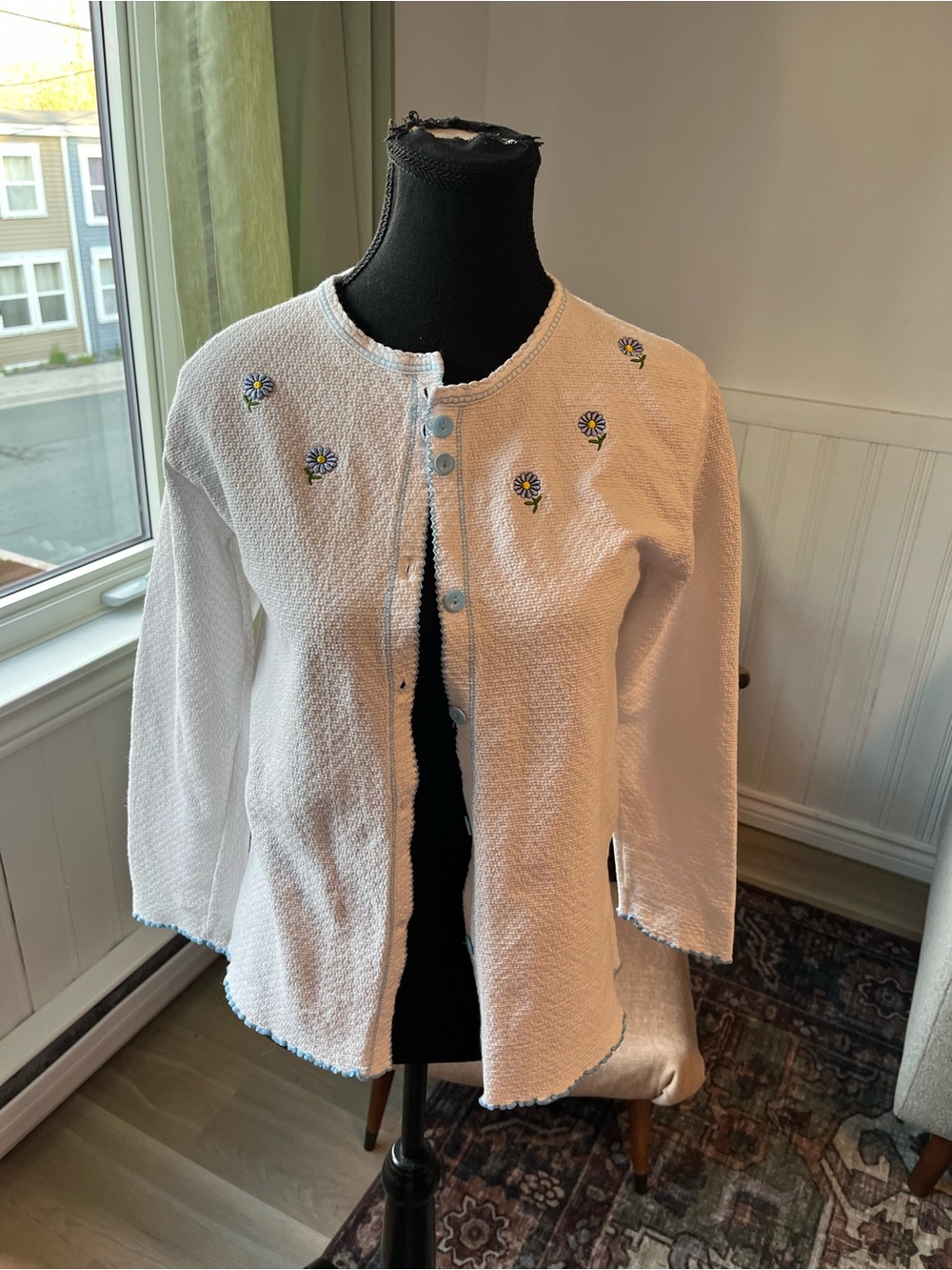 Women’s White Vintage Textured Cardigan with Blue Floral Embroidery Cottagecore